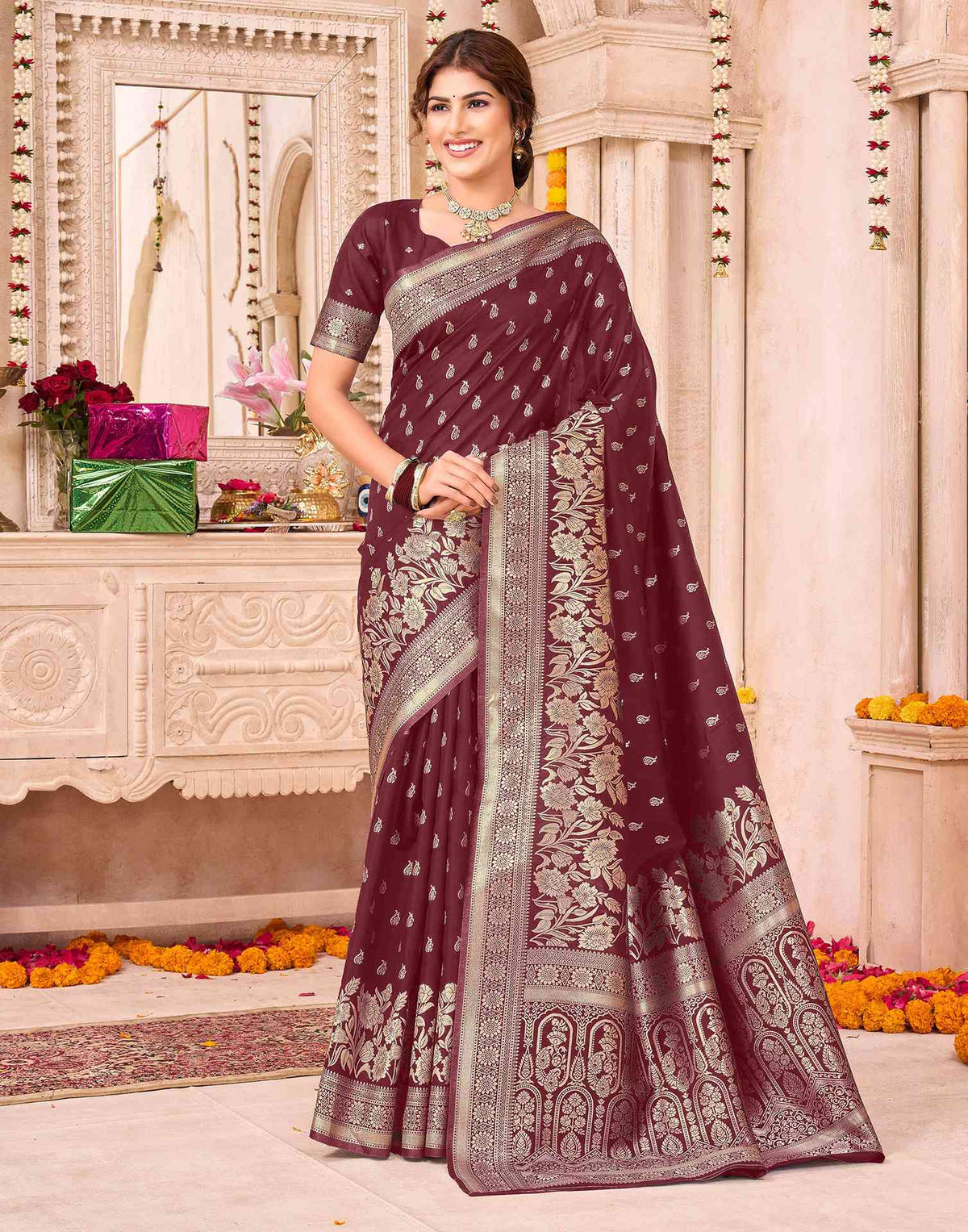 Maroon Silk Woven Saree