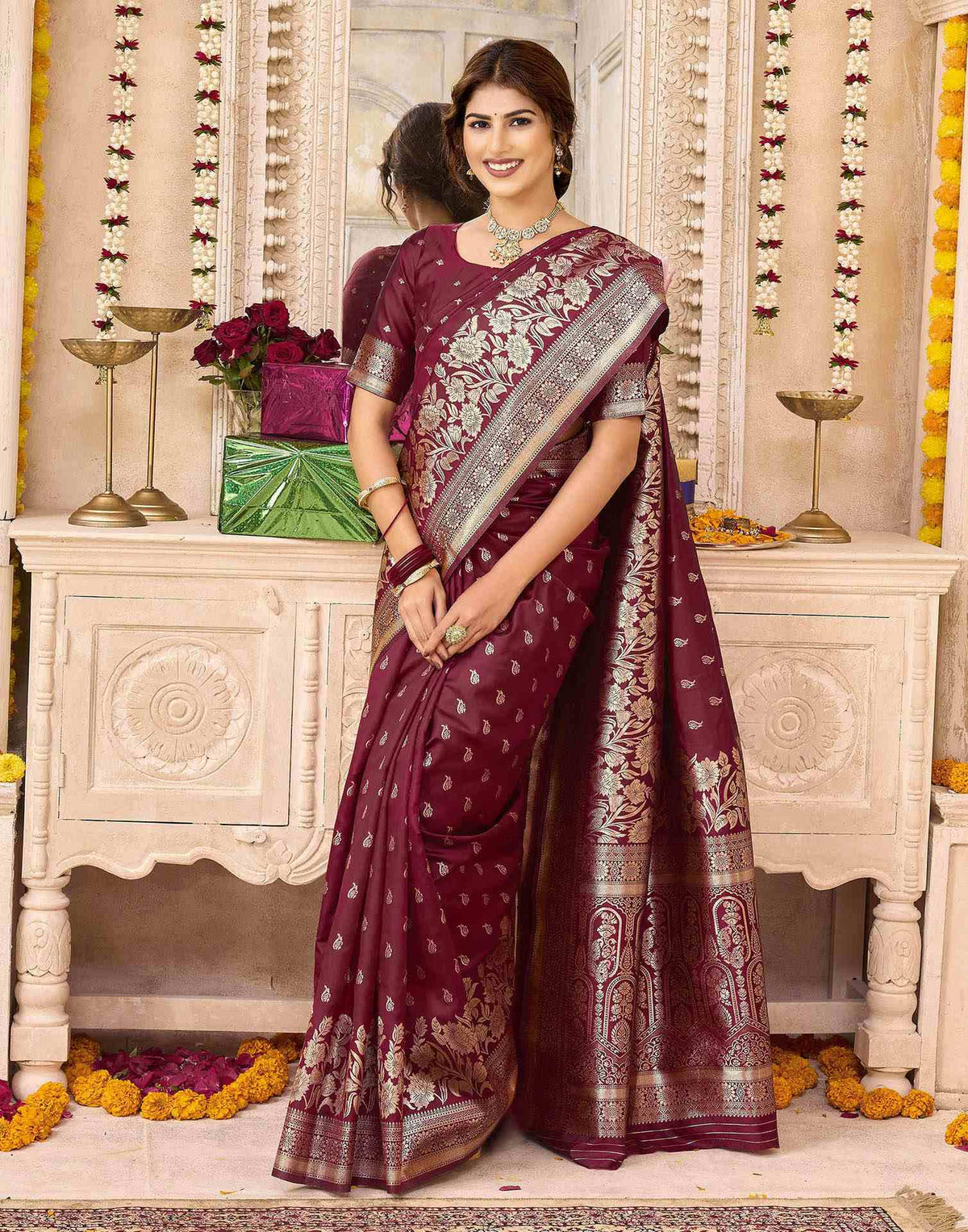 Maroon Silk Woven Saree