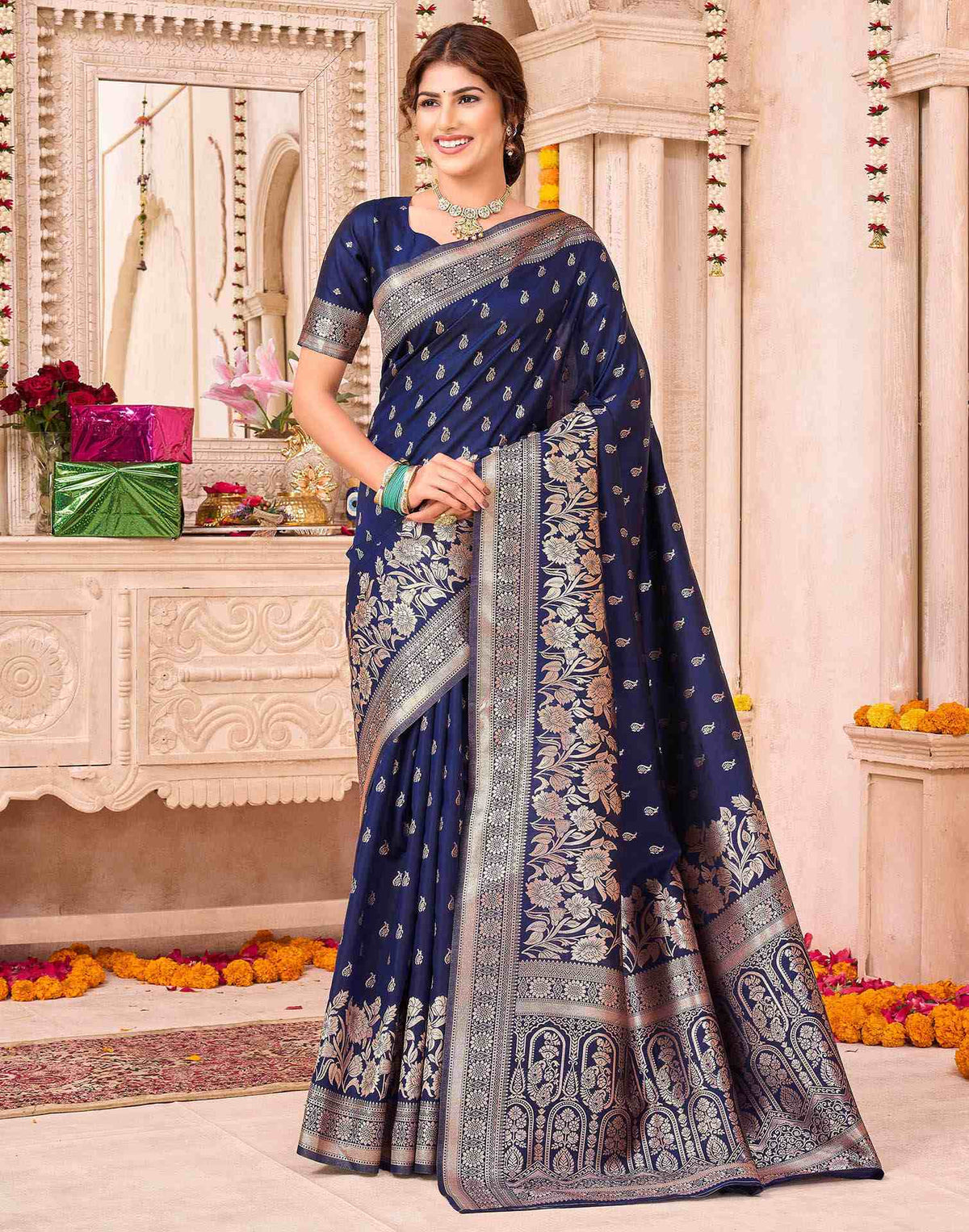 Navy Blue Silk Woven Saree