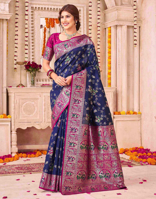 Navy Blue Silk Woven Saree
