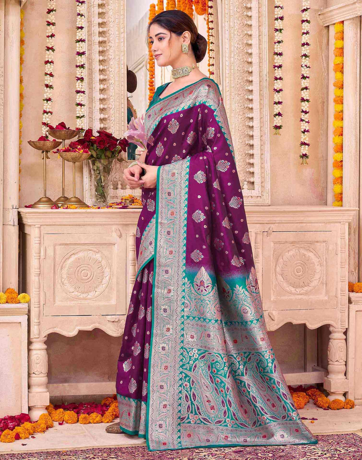 Wine Silk Woven Saree