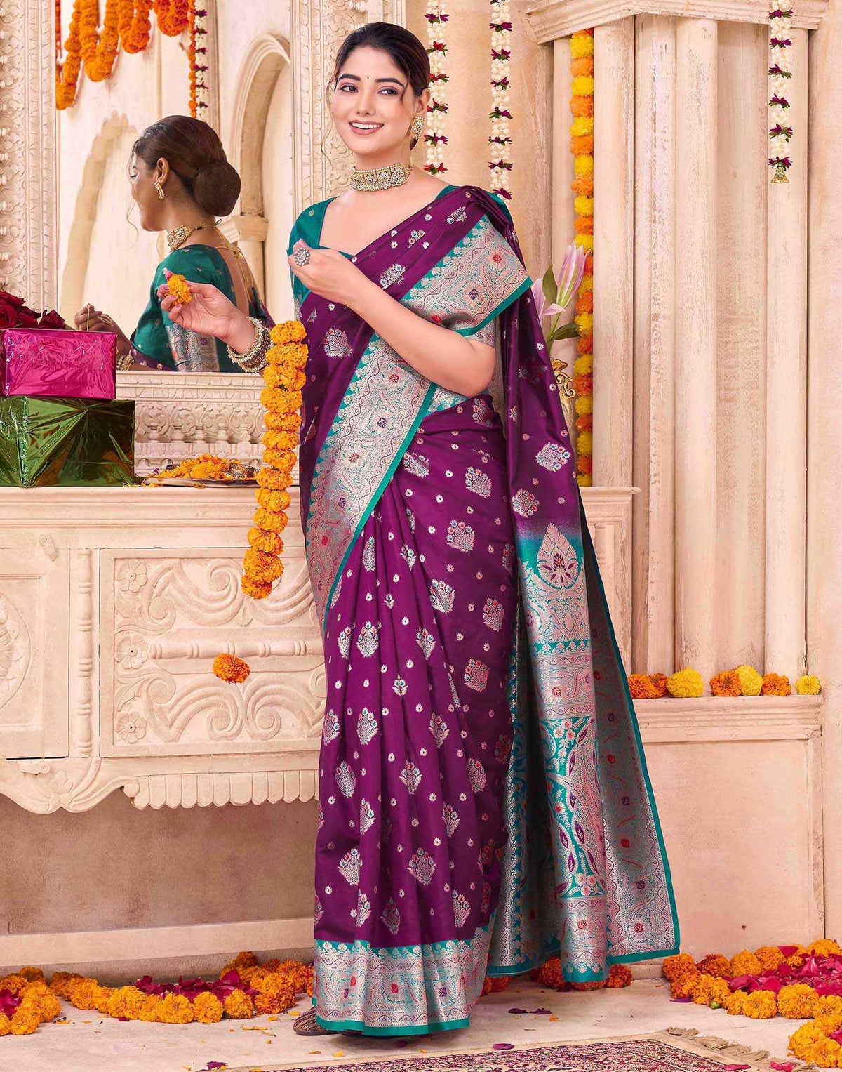 Wine Silk Woven Saree
