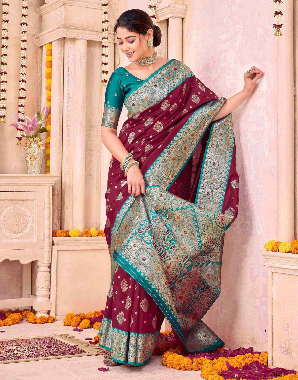 Maroon Silk Woven Saree