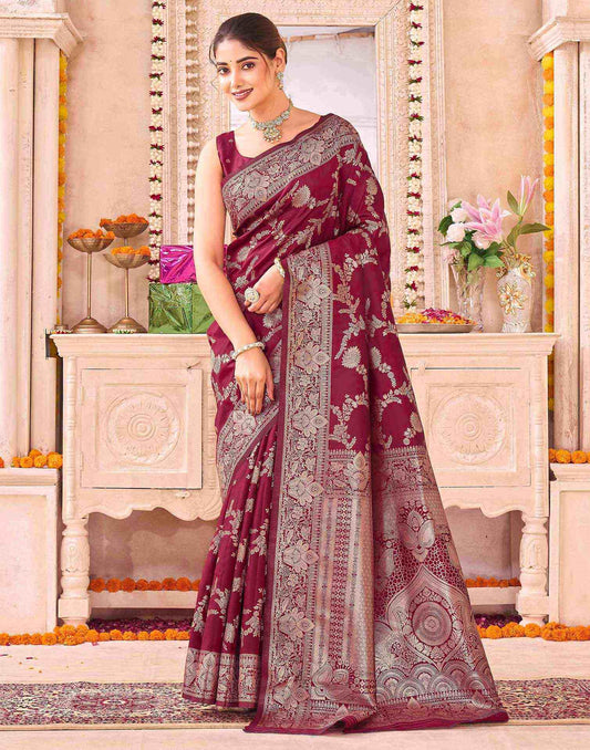Maroon Silk Woven Banarasi Saree