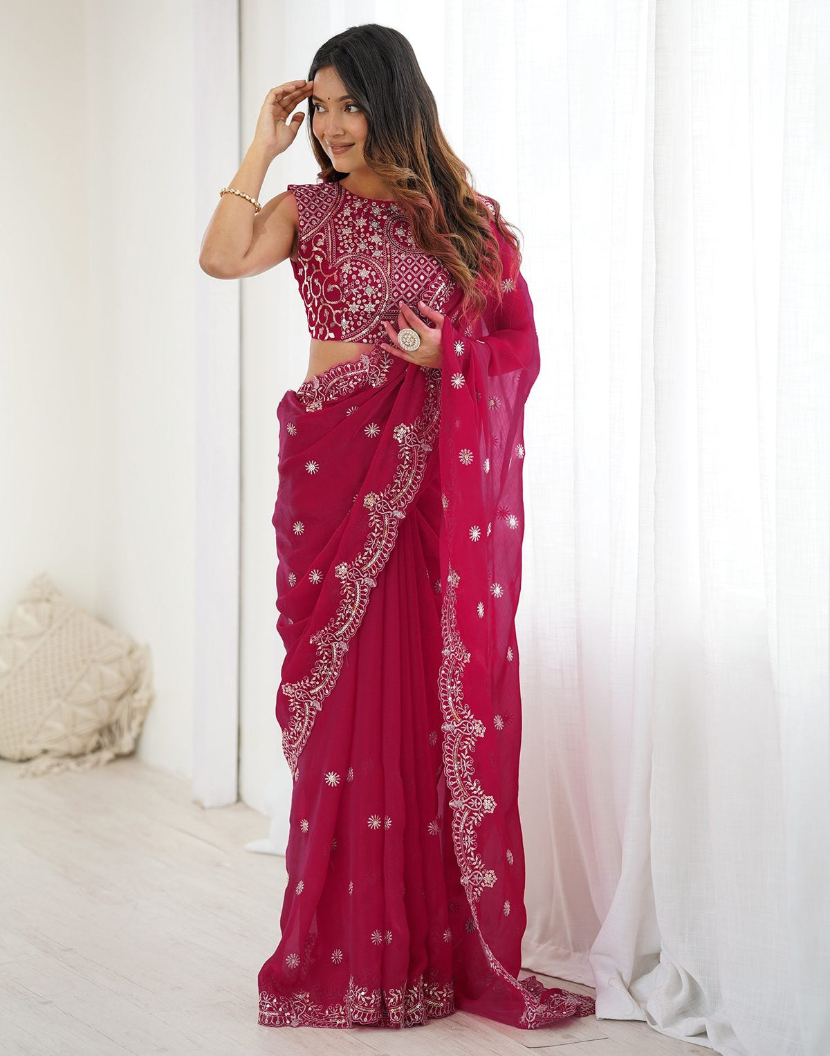 Rani Pink Shimmer Sequence Embroidery  Saree