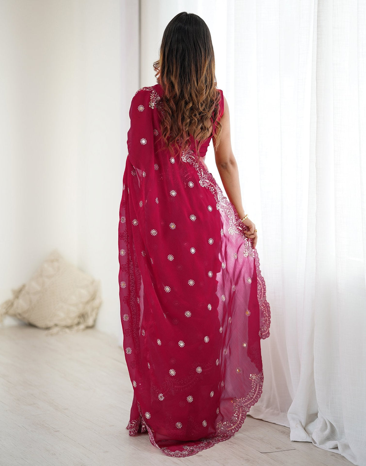 Rani Pink Shimmer Sequence Embroidery  Saree
