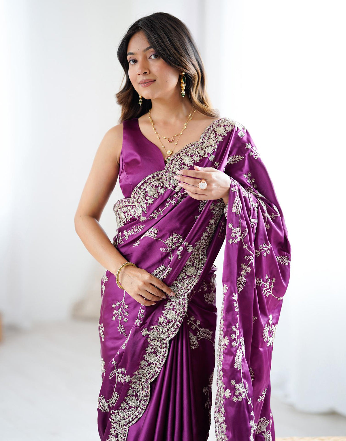 Dark Purple Satin Sequence Embroidery  Saree