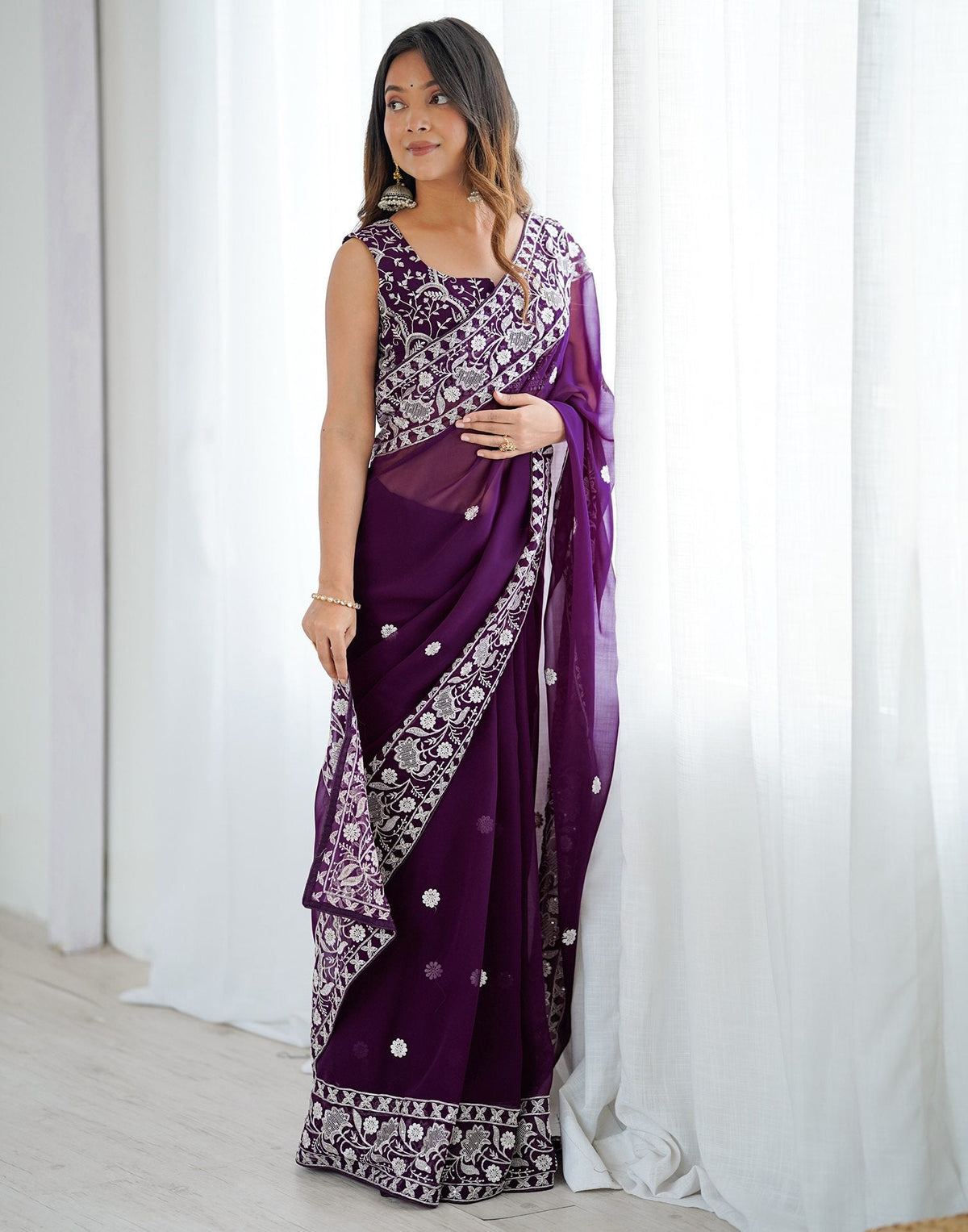 Wine Georgette Embroidery Saree