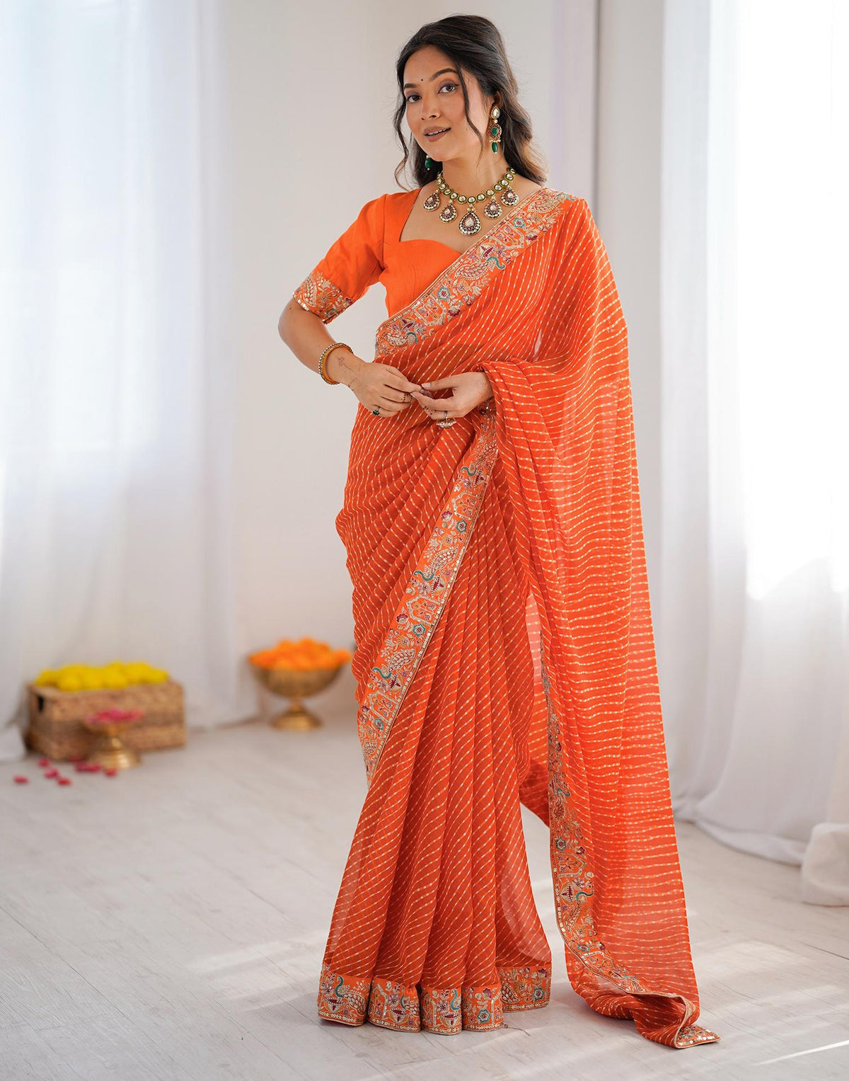 Orange Georgette Printed Laheriya Saree