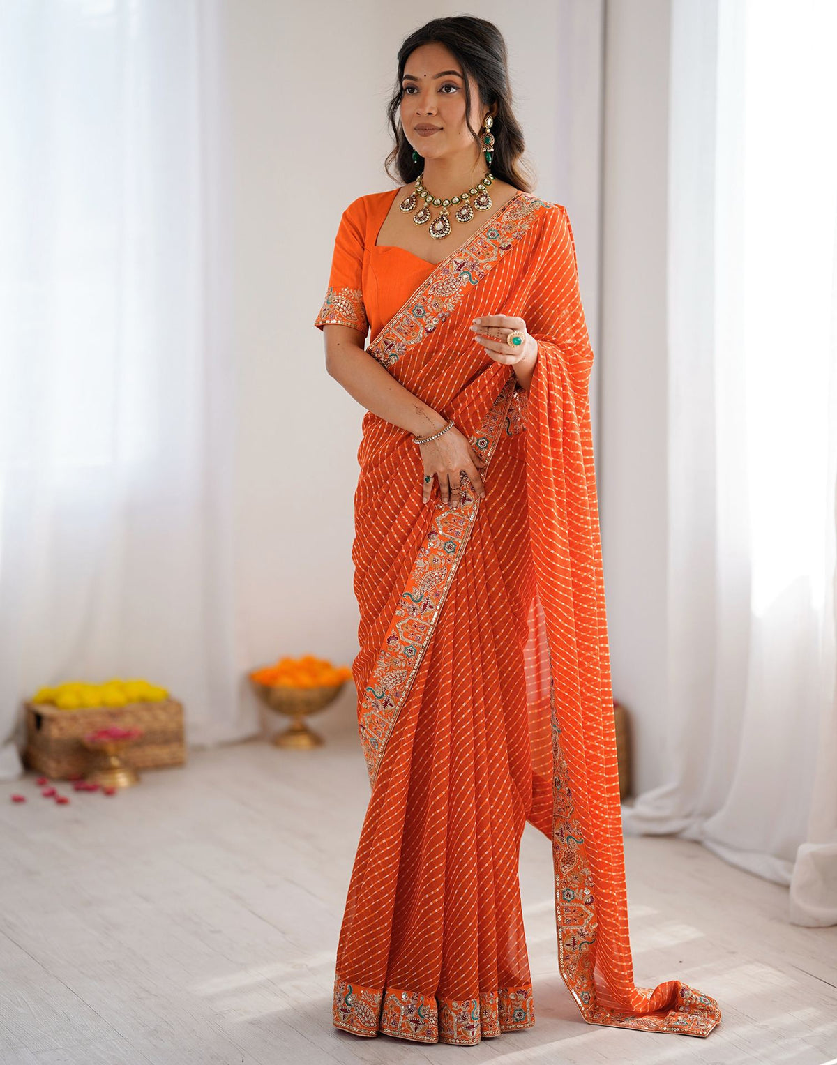 Orange Georgette Printed Laheriya Saree