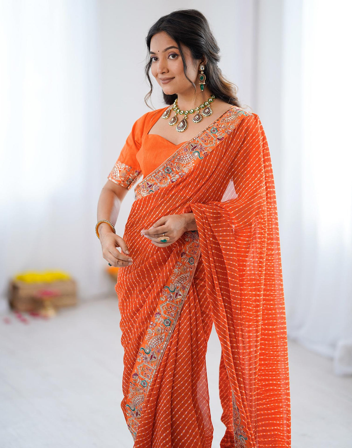 Orange Georgette Printed Laheriya Saree