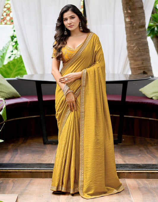 Yellow Silk Sequence Lace Saree