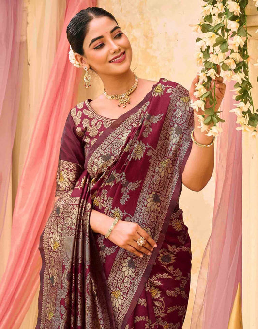 Maroon Silk Woven Banarasi Saree