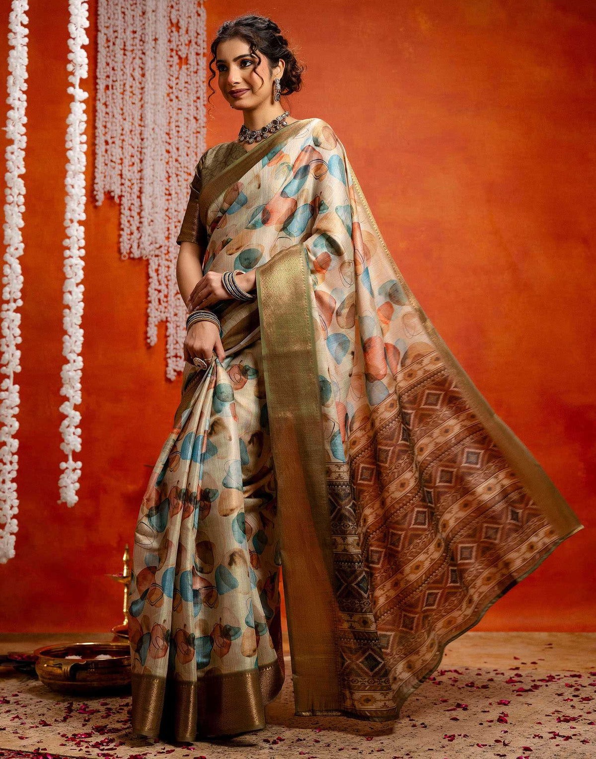 Beige Cotton Printed Woven Saree