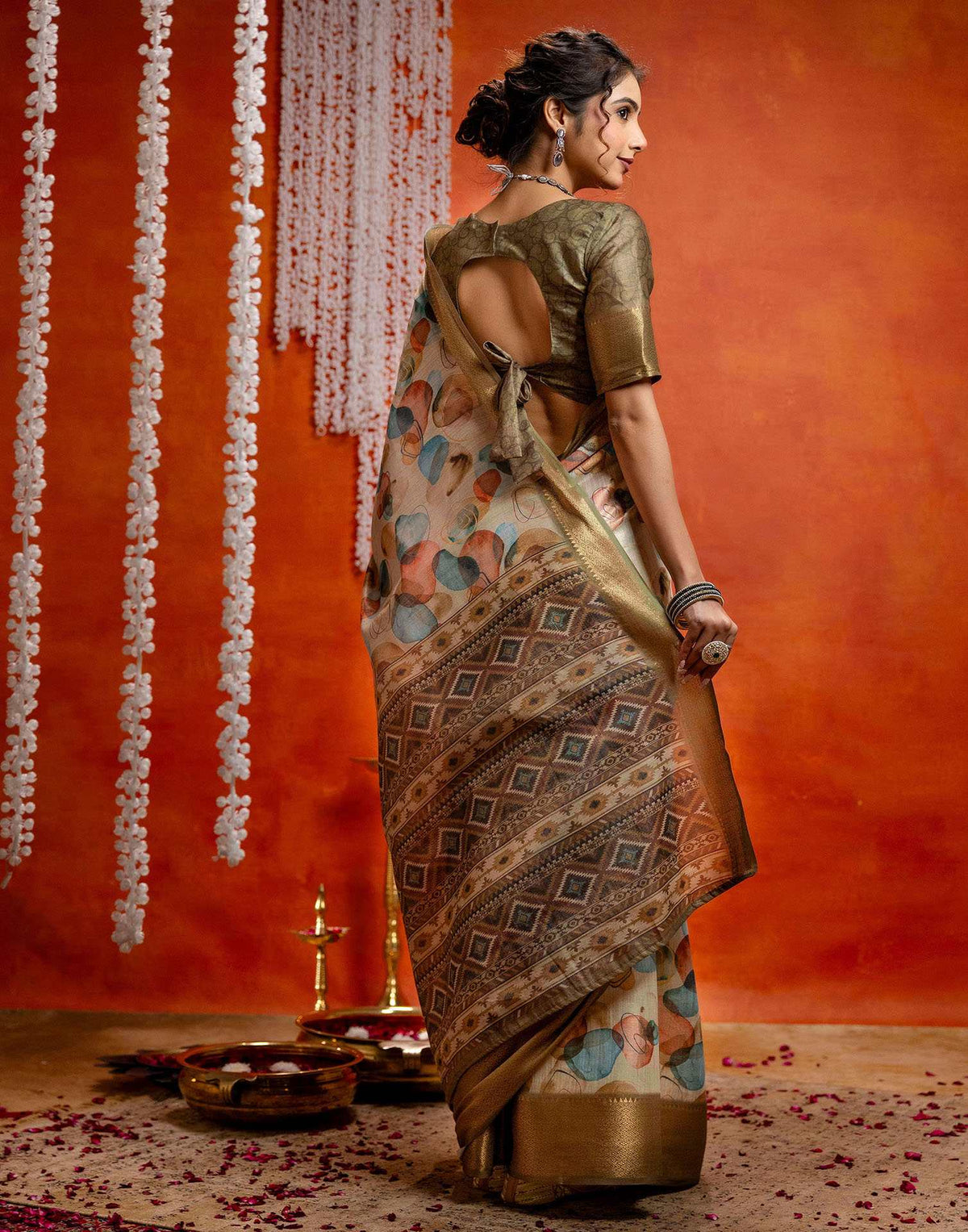 Beige Cotton Printed Woven Saree