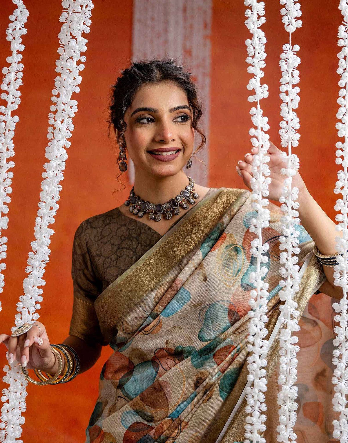 Beige Cotton Printed Woven Saree