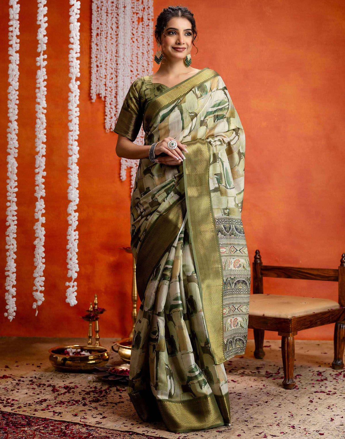 Beige Cotton Printed Woven Saree