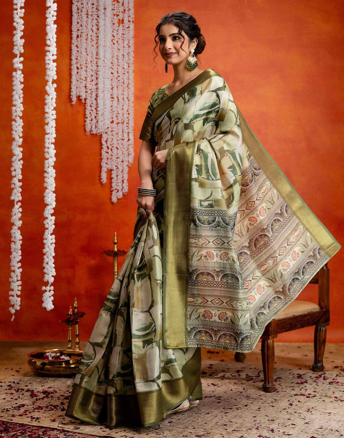 Beige Cotton Printed Woven Saree
