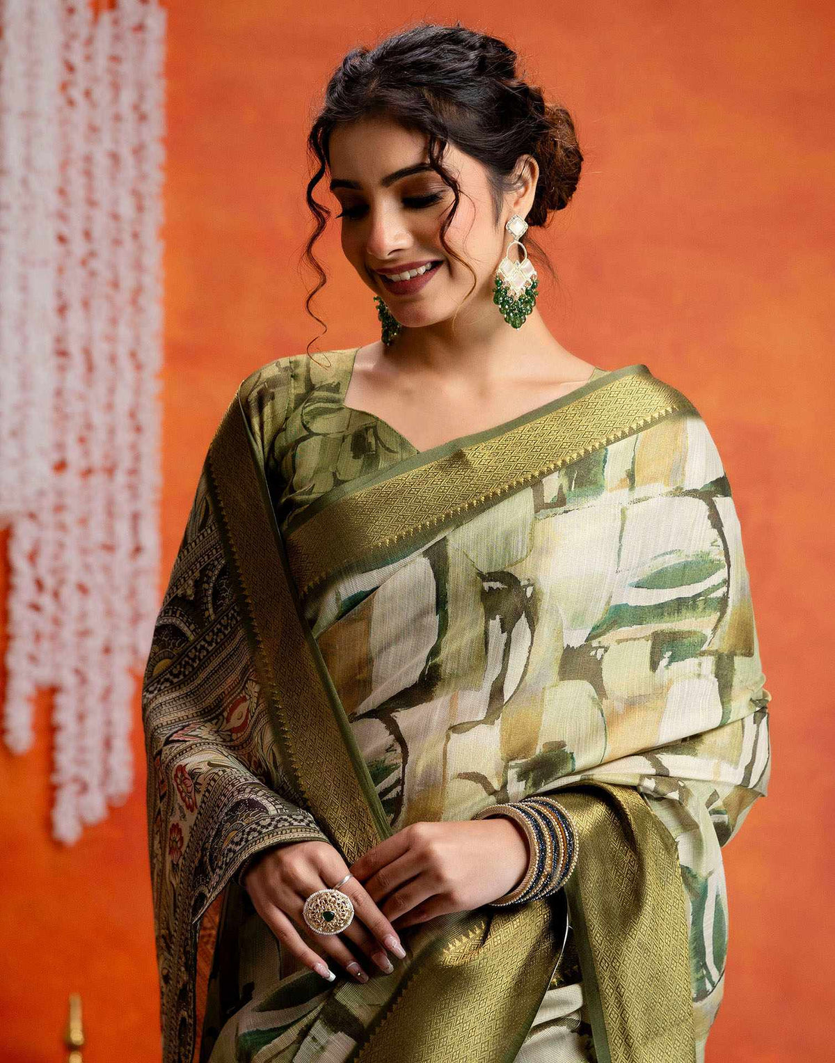 Beige Cotton Printed Woven Saree