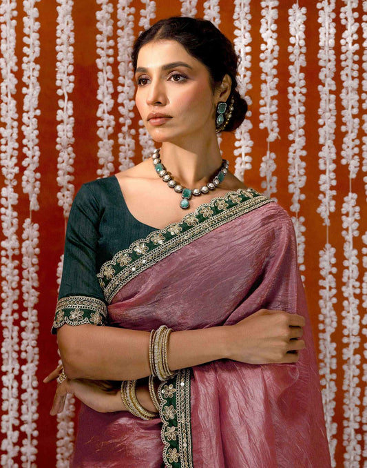 Dusty Rose Pink Crush Tissue Sequence Lace Saree