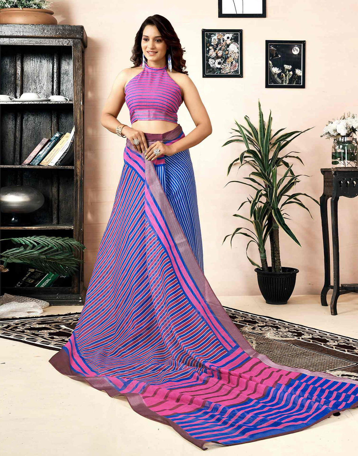 Ready To Wear Dark Blue Linen Printed Saree With Pocket