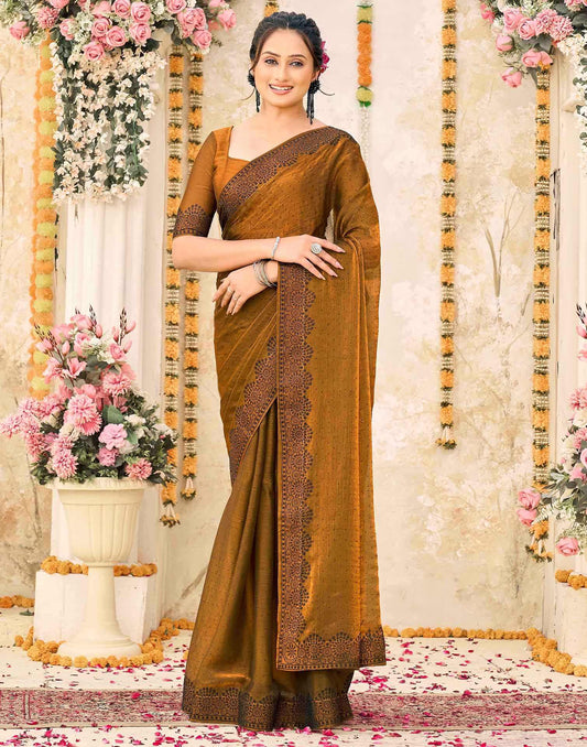 Brown Shimmer Stone Work Swarovski  Saree