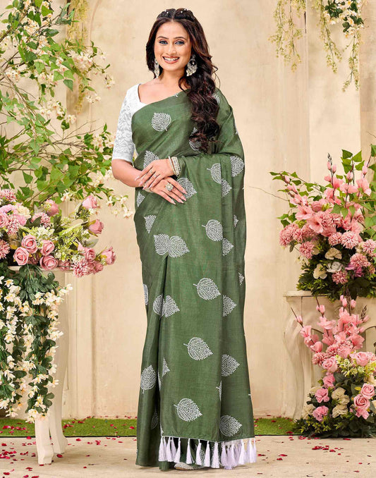 Sage Green Vichitra Silk Printed Saree