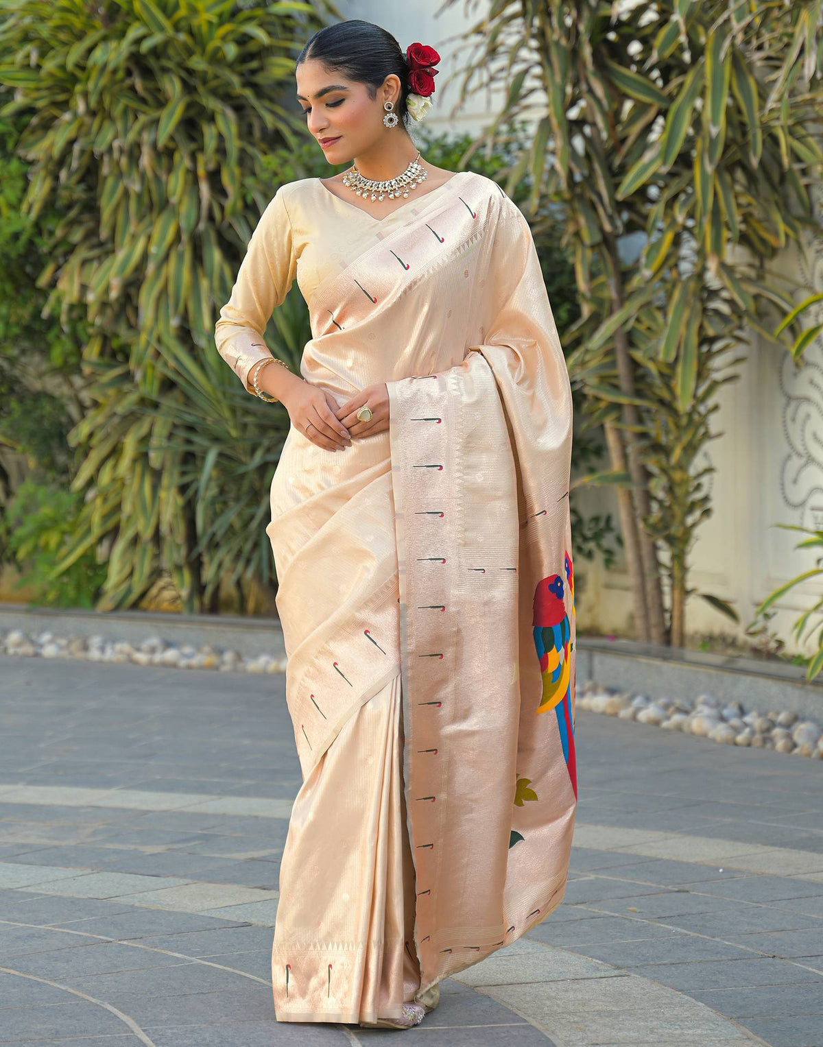 Cream Silk Woven Paithani Saree