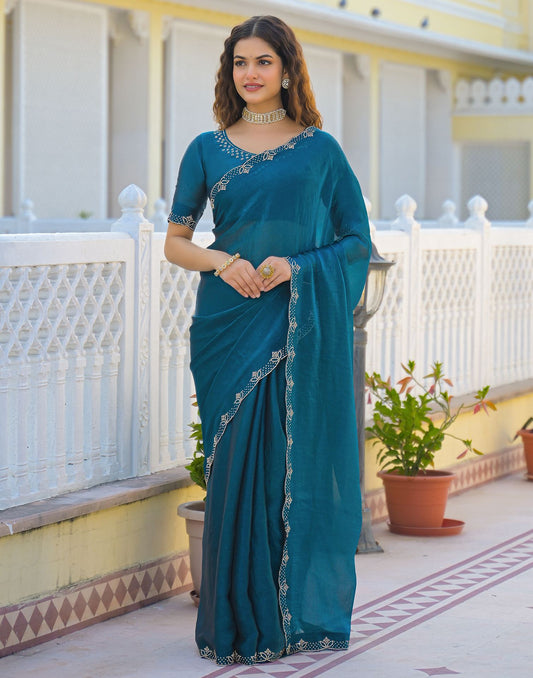 Peacock Blue Satin Stone Work Embellished Saree