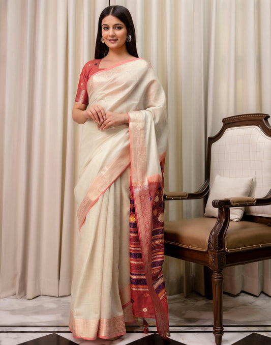 Beige Cotton Linen Woven Printed Saree