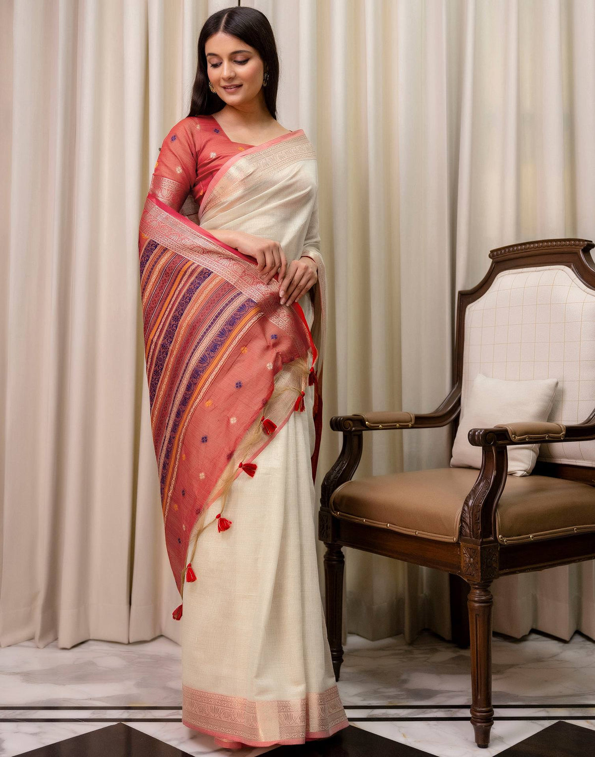 Beige Cotton Linen Woven Printed Saree