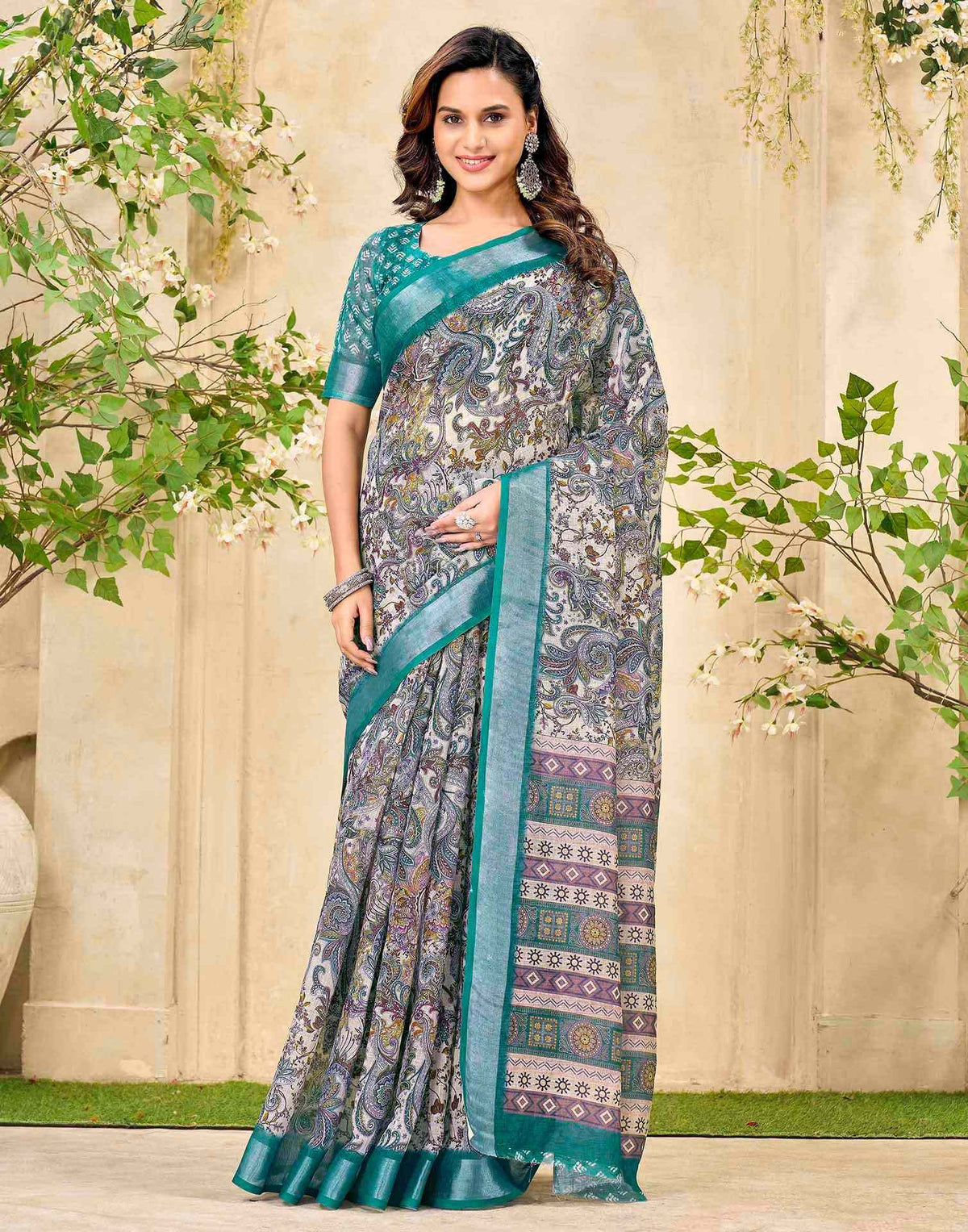 Beige Cotton Printed Saree