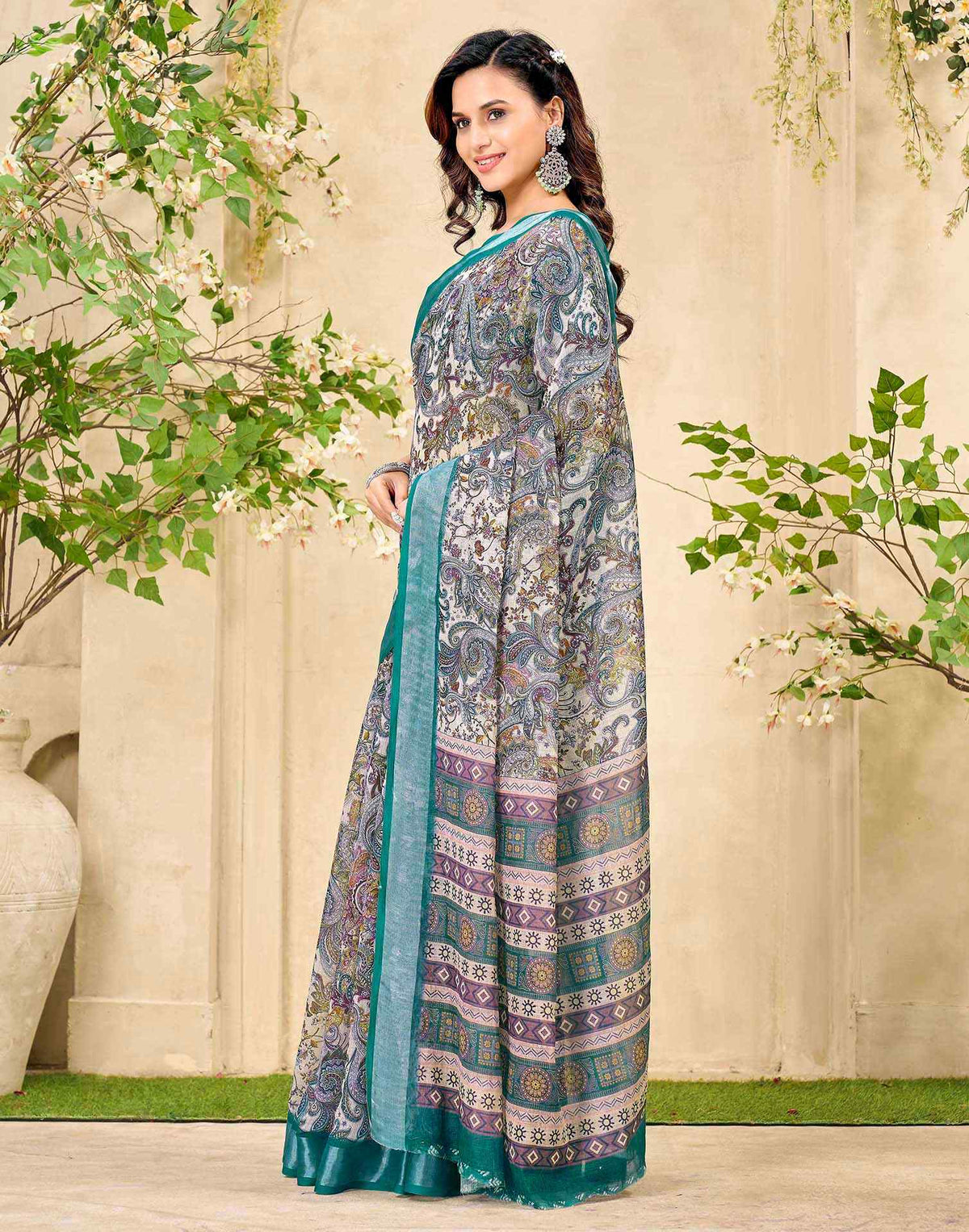Beige Cotton Printed Saree