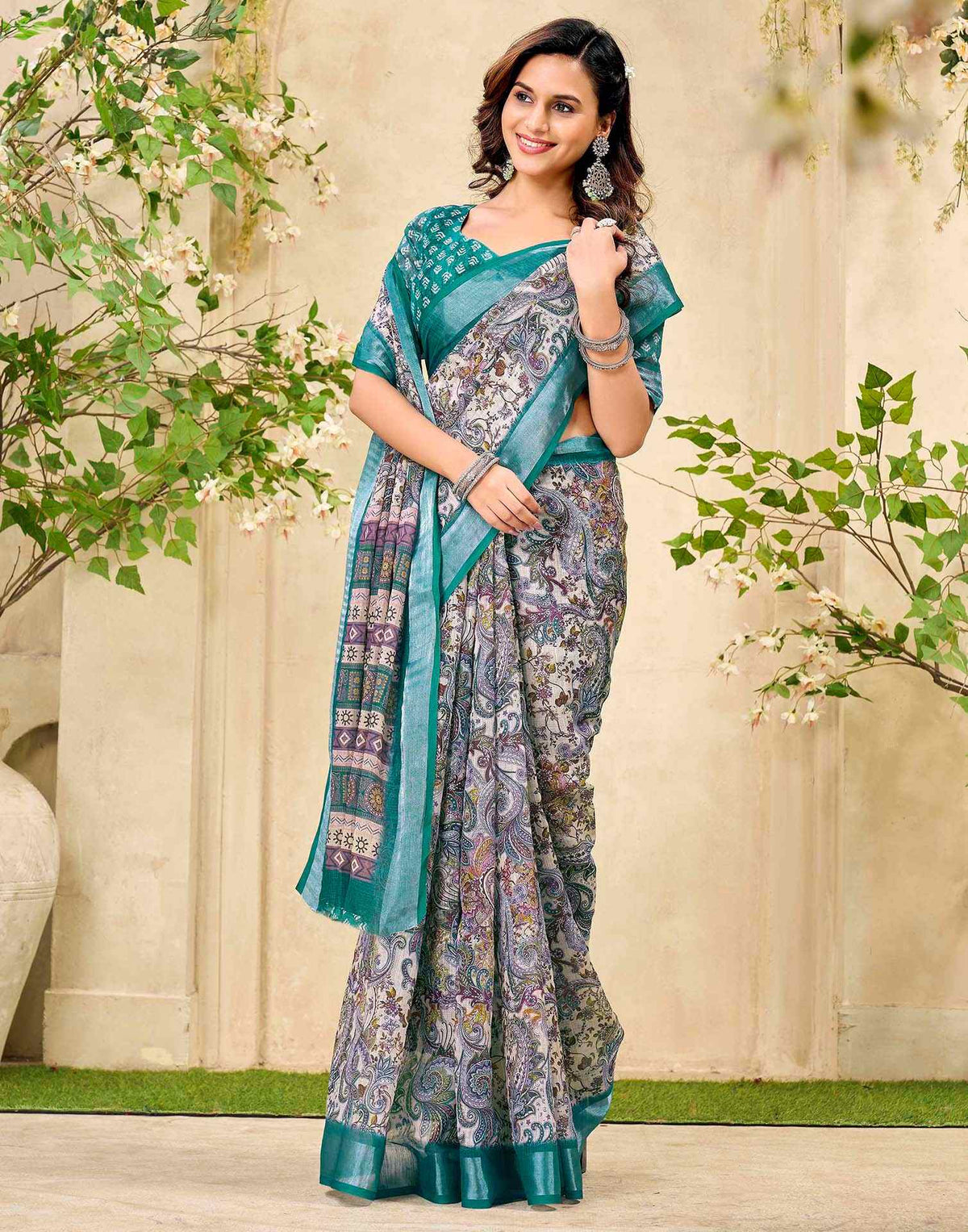 Beige Cotton Printed Saree
