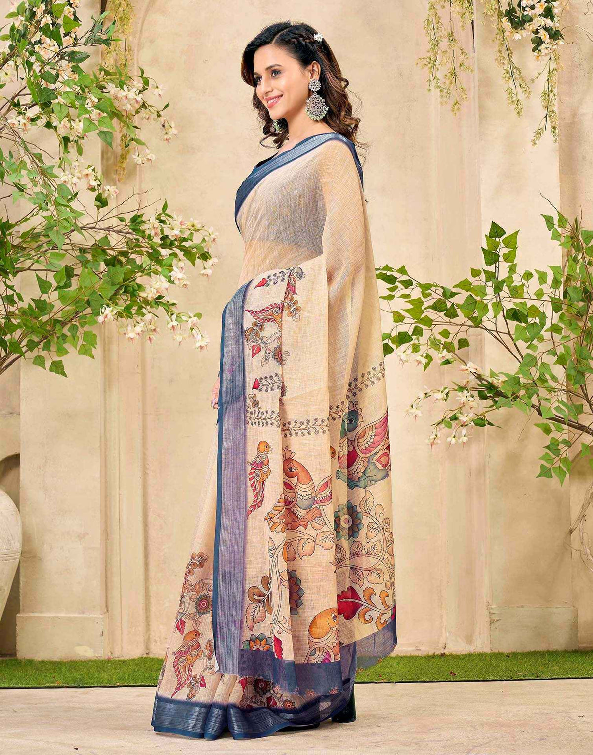 Beige Cotton Printed Saree