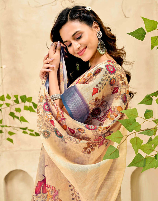 Beige Cotton Printed Saree