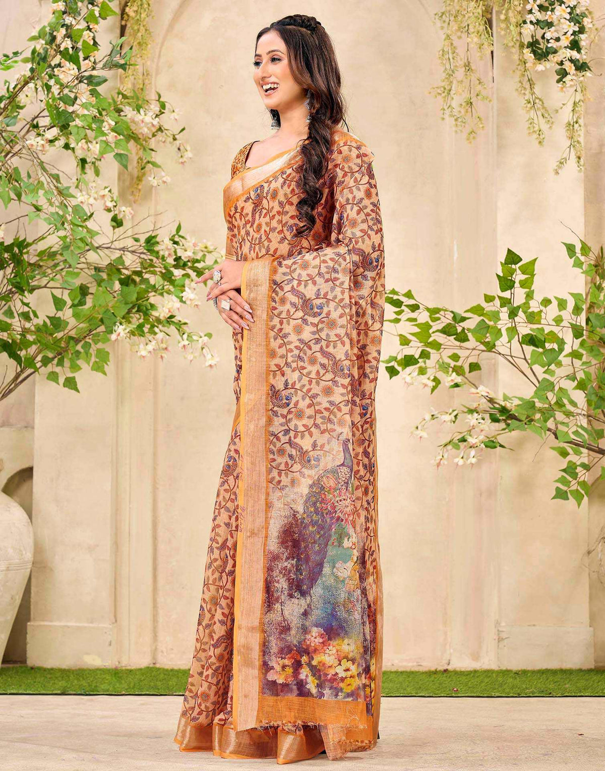 Peach Cotton Printed Saree