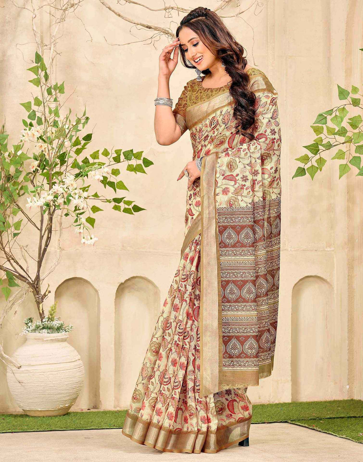 Beige Cotton Printed Saree