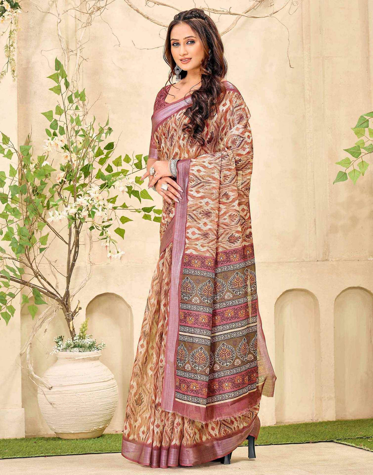 Peach Cotton Printed Saree
