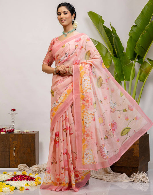 Light Pink Cotton Floral Printed Saree