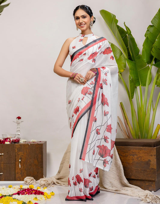 White Cotton Floral Printed Saree