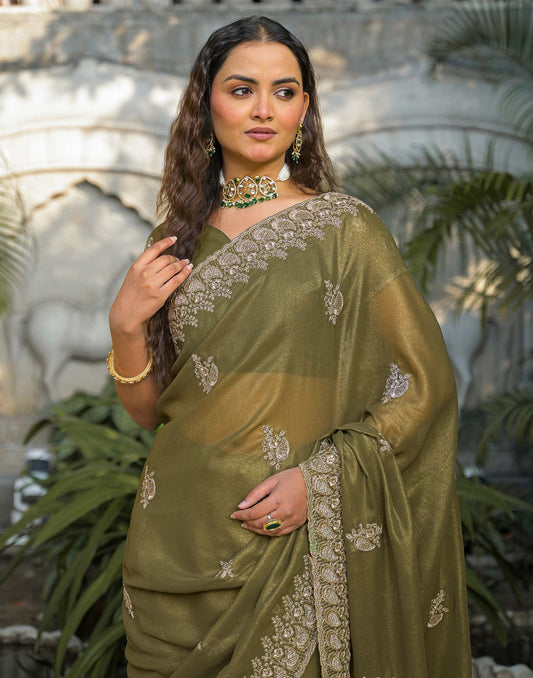 Mehandi Green Shimmer Georgette Sequence Embroidery saree