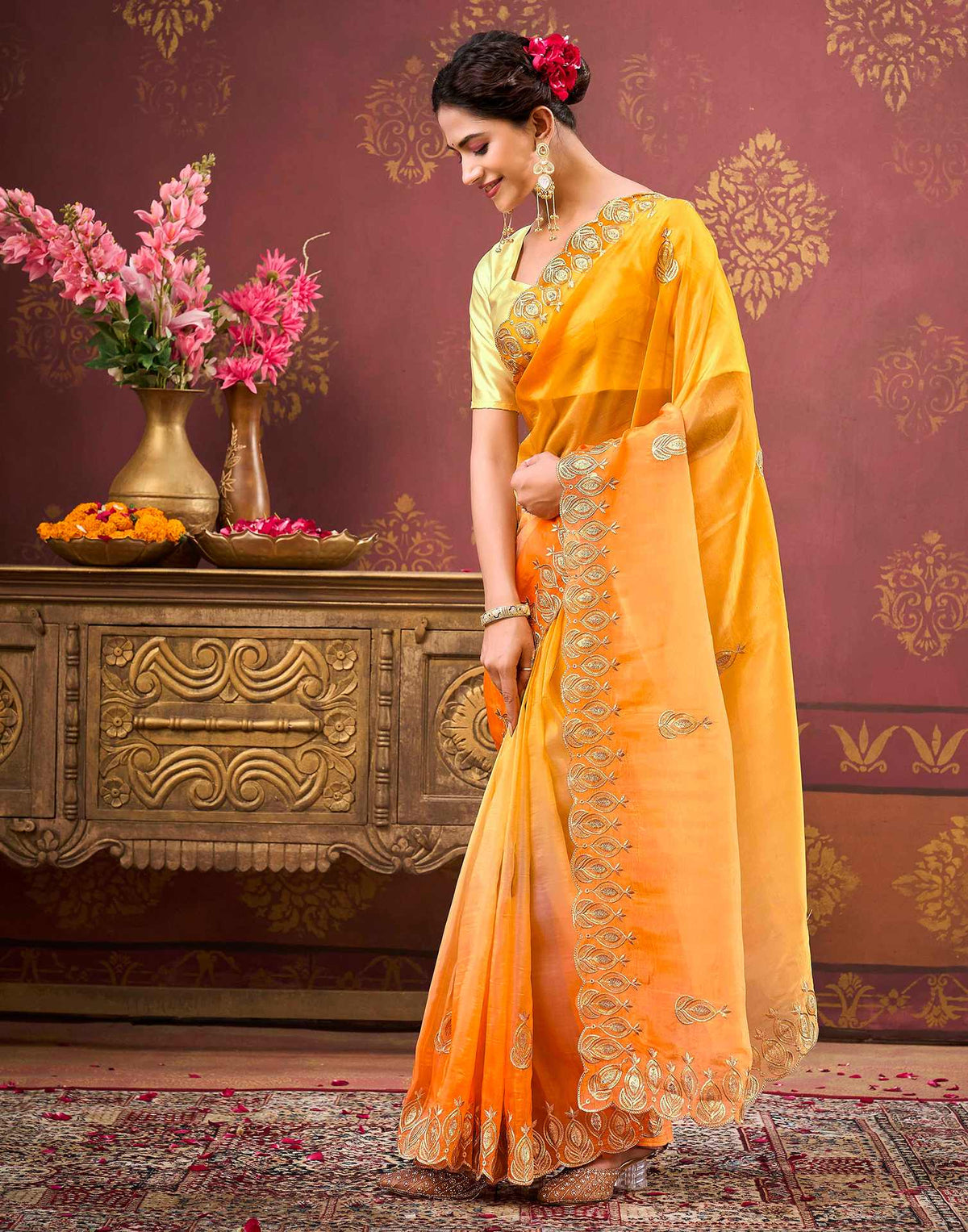 Yellow Tissue Silk Sequence Embroidery Saree