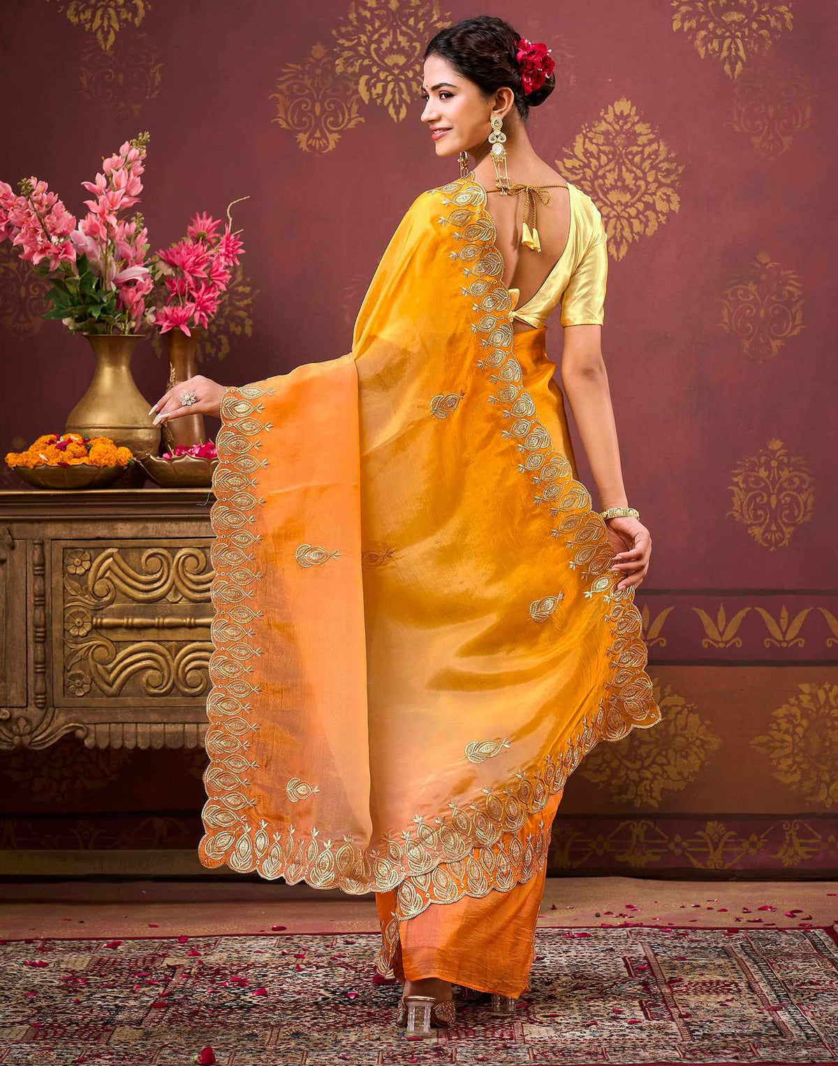 Yellow Tissue Silk Sequence Embroidery Saree