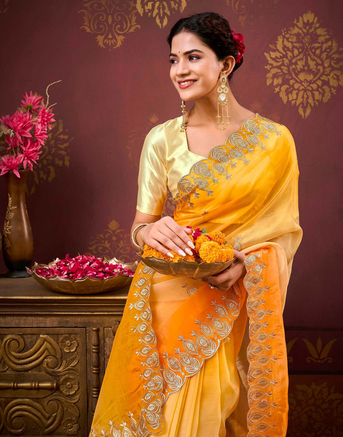 Yellow Tissue Silk Sequence Embroidery Saree