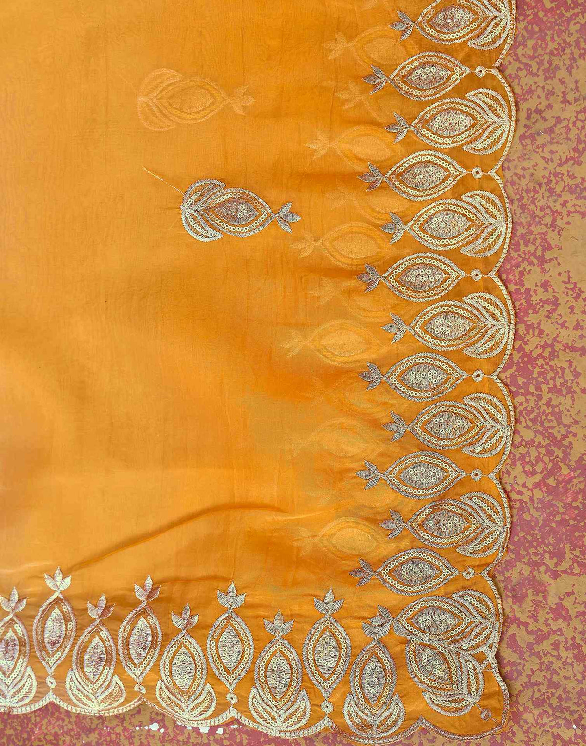 Yellow Tissue Silk Sequence Embroidery Saree