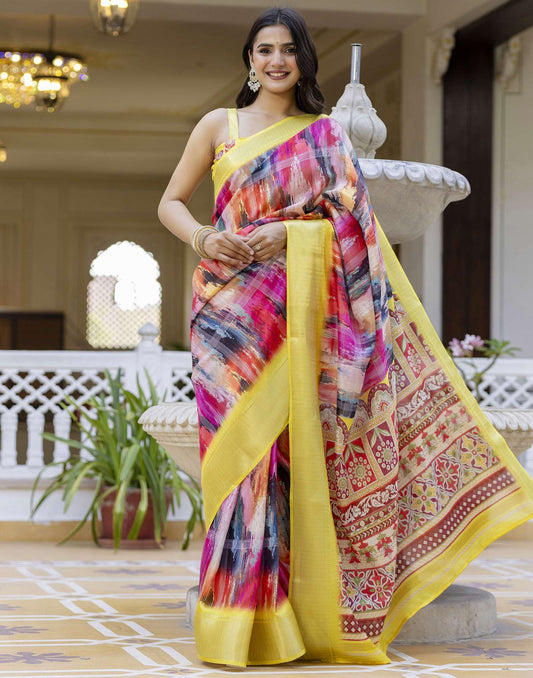 Ready To Wear Multicoloured Dola Silk Printed Saree