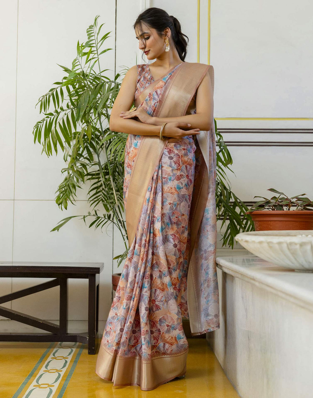 Ready To Wear Light Brown Dola Silk Woven Border Printed Saree