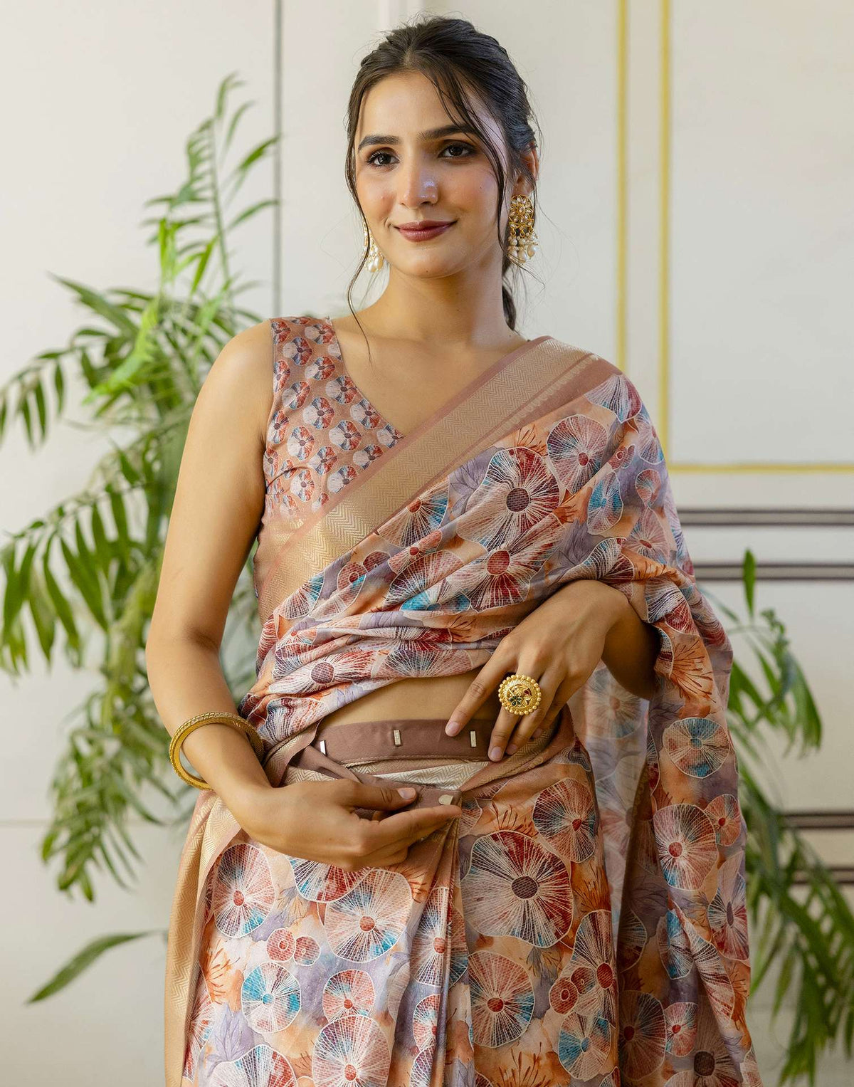 Ready To Wear Light Brown Dola Silk Woven Border Printed Saree