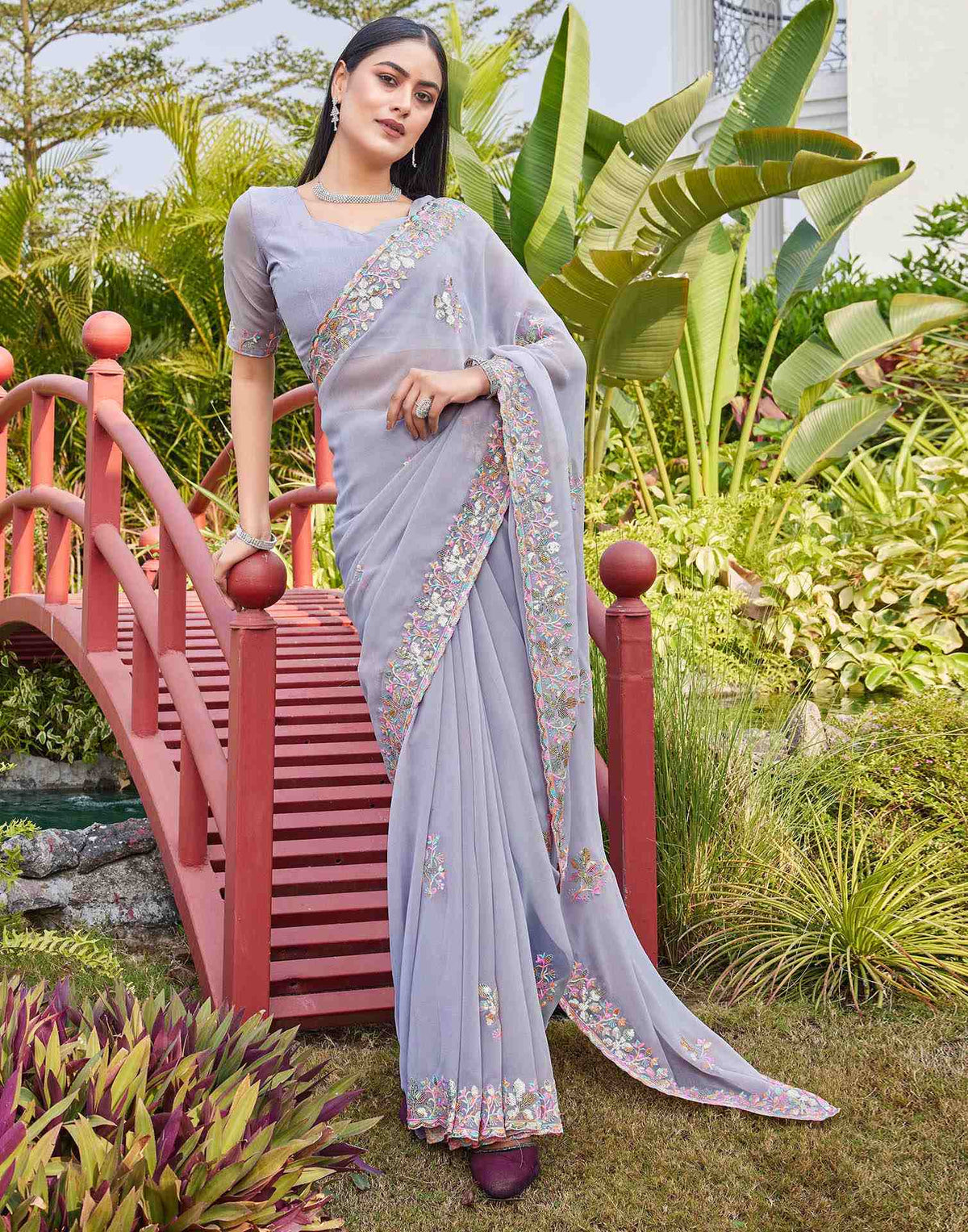 Grey Georgette Sequence Embroidery Saree